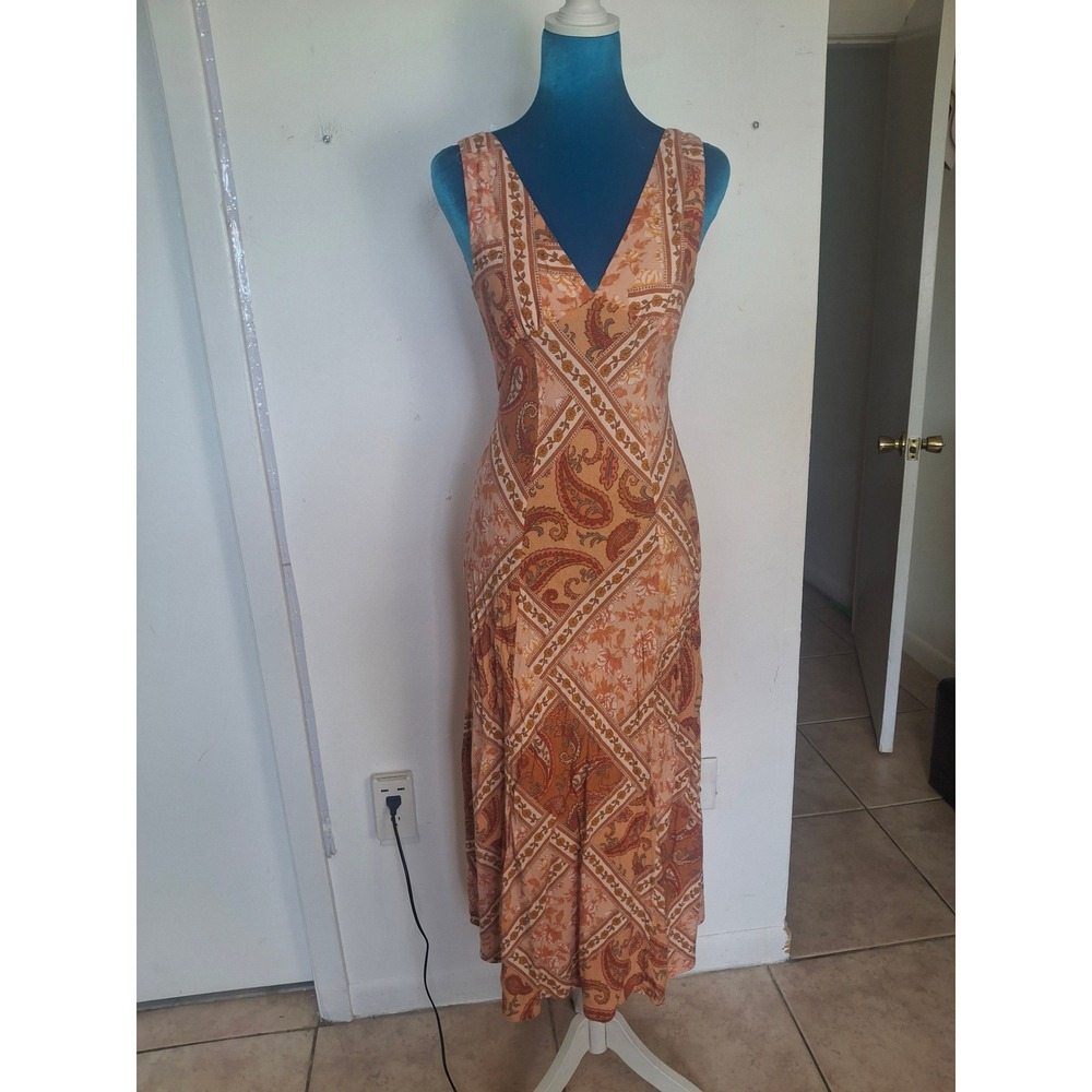 Paper Heart Orange Paisley Patchwork Linen Blend V-Neck Midi Dress XS TPH93507